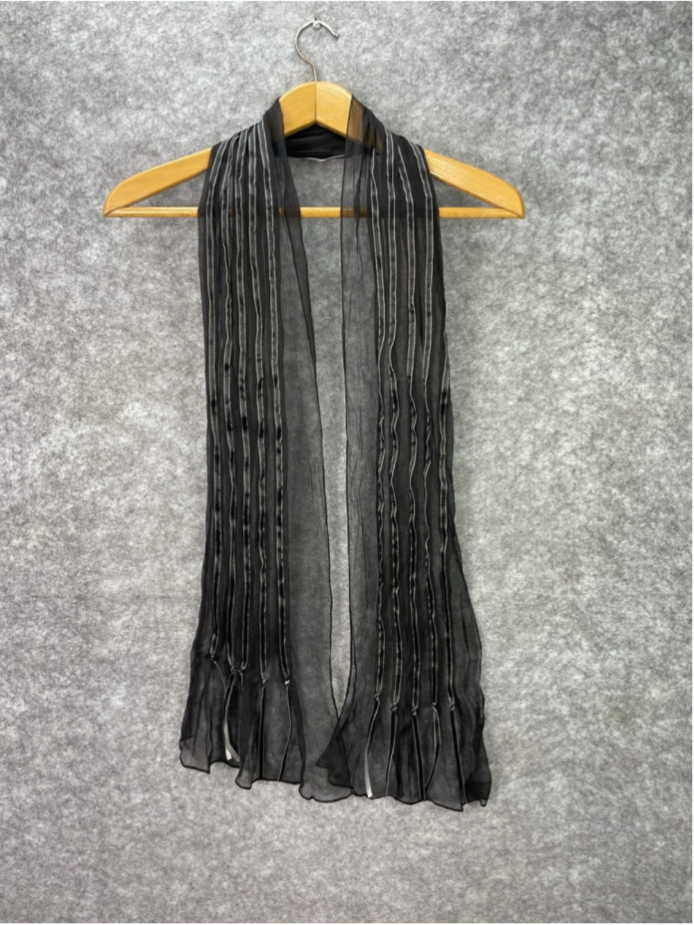 Chicos Scarf Womens Black Stitched Ruched Striped Chiffon Rectangle Wrap